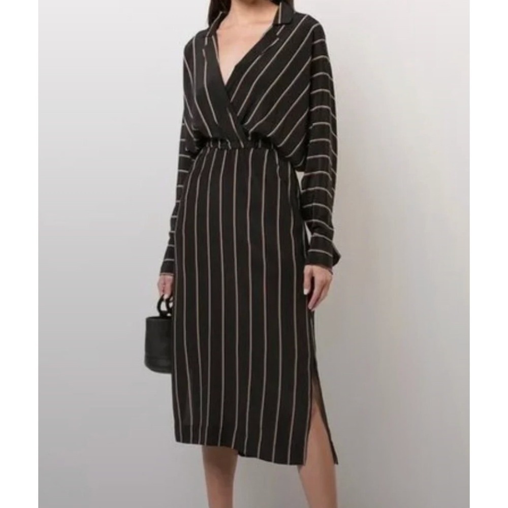 ALC Nico Surplice Long Sleeve Striped Silk Midi Dress in Black sz 4